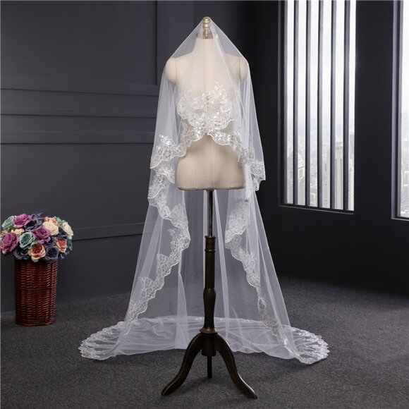 Exquisite Cathedral-Length Bridal Veil with Blusher - Picture 6 of 7